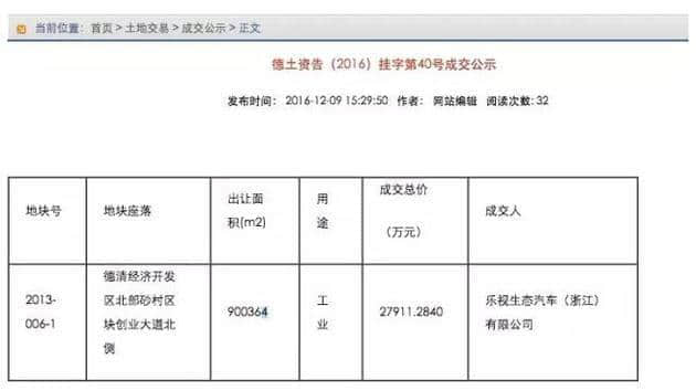 乐视汽车又有新动作2.79亿元浙江德清拿地